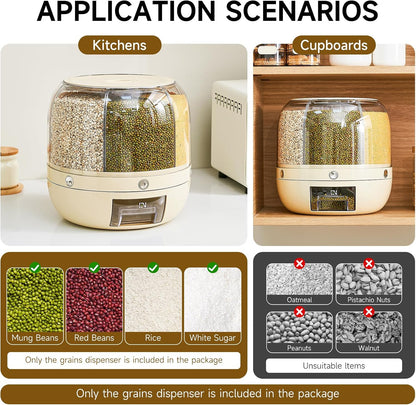 UFORU Rice Dispenser | 360° Rotating Grain Storage Bin - 6 Grids, 20LBS Large Capacity Food Container, Moisture-Proof, One-Click Output for Rice, Beans & Pet Food - Kitchen Pantry Organizer