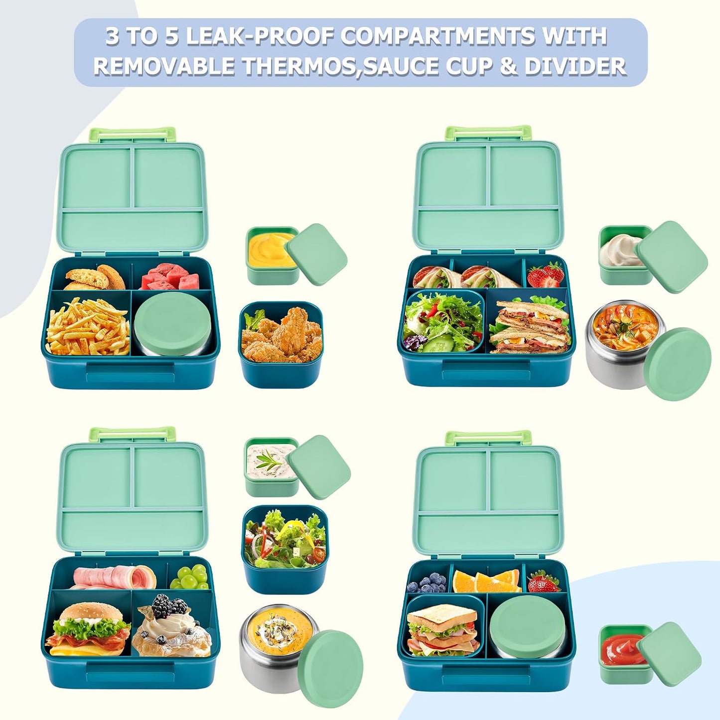 Bento Lunch Box for Kids with 8oz Soup Thermo, Leak-proof Lunch Food Containers with 5 Compartment, Insulated Lunch Bag & 17oz Stainless Steel Water Bottle for School, Trvael