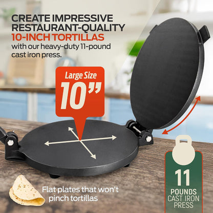 SIRCLES Cast Iron Tortilla Press 12 Inch – Heavy Duty Tortilla Press for Homemade Corn & Flour Tortillas, Prensa para Tortillas - Durable & Pre-Seasoned Kitchen Tool