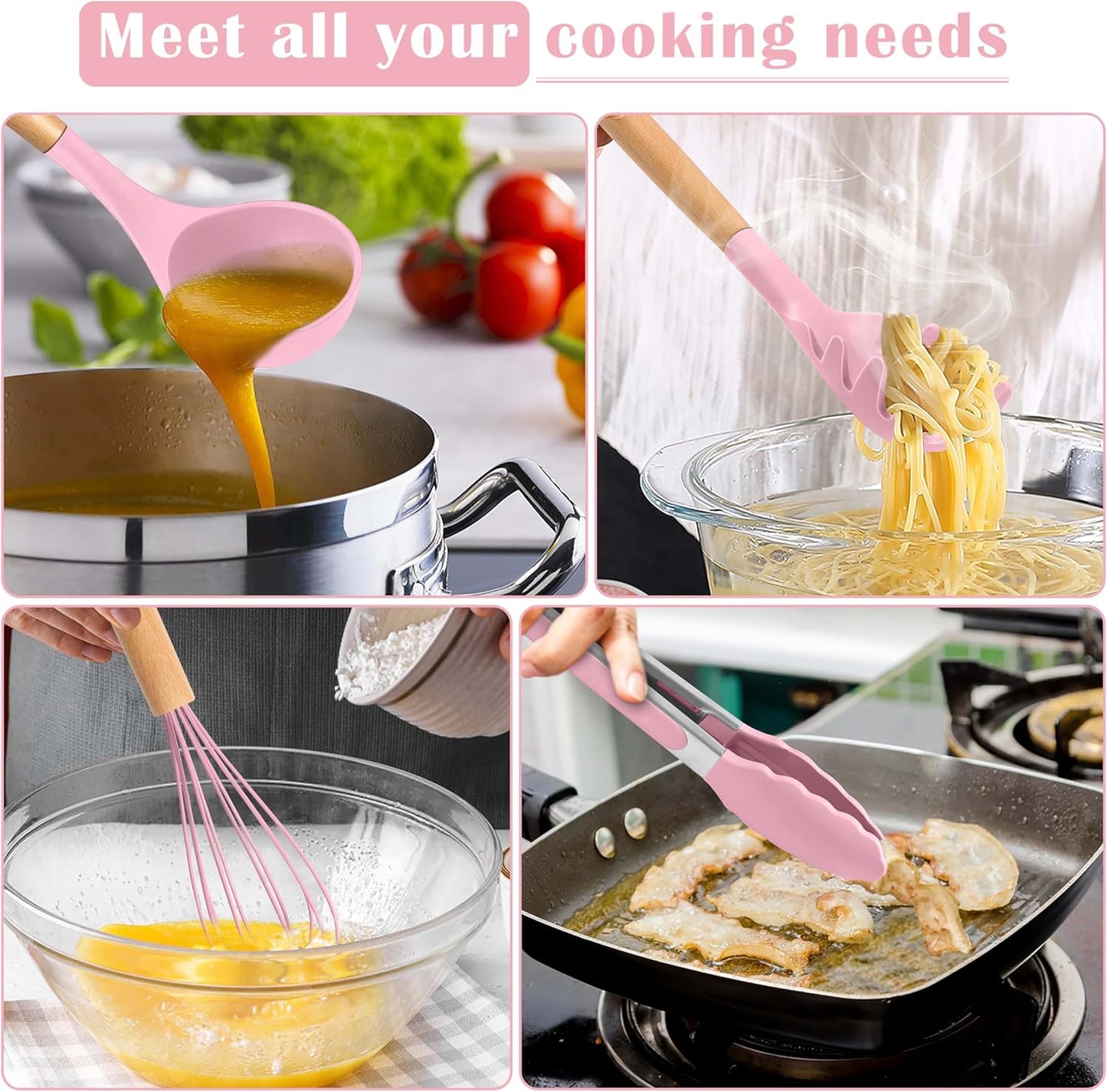 E-far Silicone Cooking Utensils Set, 5-Piece Kitchen Utensils Set with Wooden Handle for Cooking, Silicone Kitchen Nonstick Tools Spatula Turner Slotted Spoons, Nontoxic & Heat Resistant-Khaki