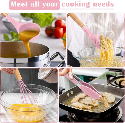E-far Silicone Cooking Utensils Set, 5-Piece Kitchen Utensils Set with Wooden Handle for Cooking, Silicone Kitchen Nonstick Tools Spatula Turner Slotted Spoons, Nontoxic & Heat Resistant-Khaki