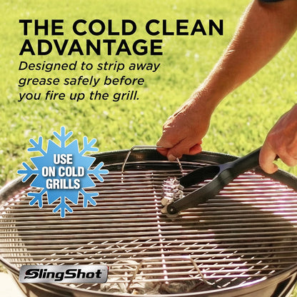 Slingshot Grill Cleaner- Bristle-Free BBQ Tool for Outdoor Grates, Heavy Duty Grill Scrubber, Stainless Steel Blades, Cold Grill Cleaning Accessory for Grilling Maintenance