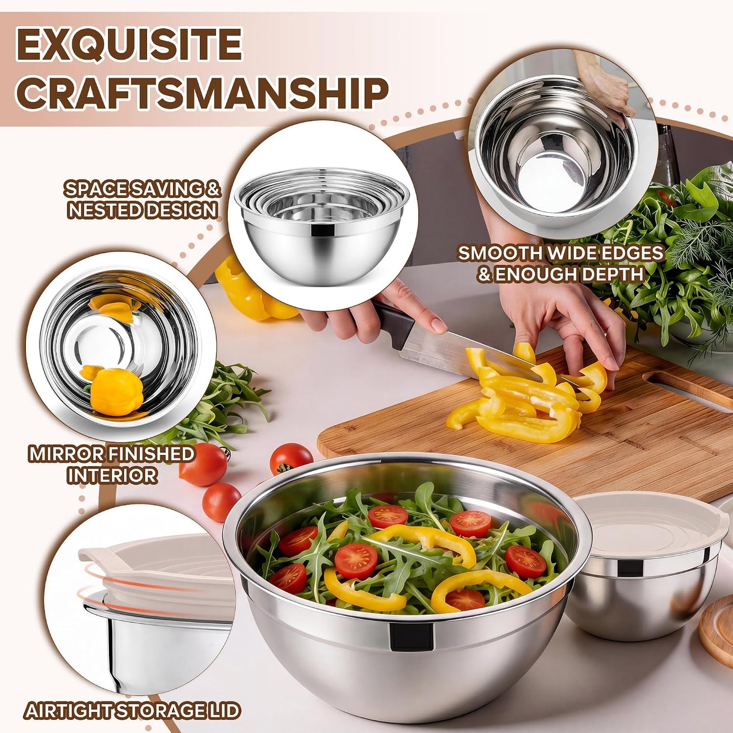 E-far Mixing Bowls With Lids Sets of 5, 10-Piece Stainless Steel Salad Metal Nesting Bowl for Baking Cooking and Prepping, Airtight Lid & Stackable Design, Size 4.6, 3, 2.1, 1.5, 0.7 QT, Black