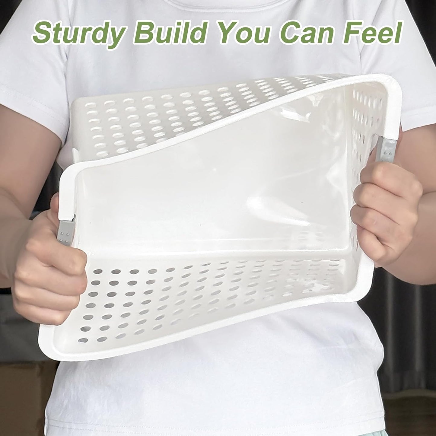 Soddeph 4 Pack Plastic Deep Storage Basket with Handles, Cubbies Organizer Bins with Hollow Design for Under Counter, Closet, Kitchen or Bathroom 12.3" × 8.7" × 6.9"(White, Medium)