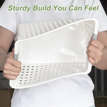 Soddeph 4 Pack Plastic Storage Basket with Handles, Small Deep Organizer Bin with Hollow Design for Under Counter, Shelf, Closet, Kitchen or Bathroom (White, Small)