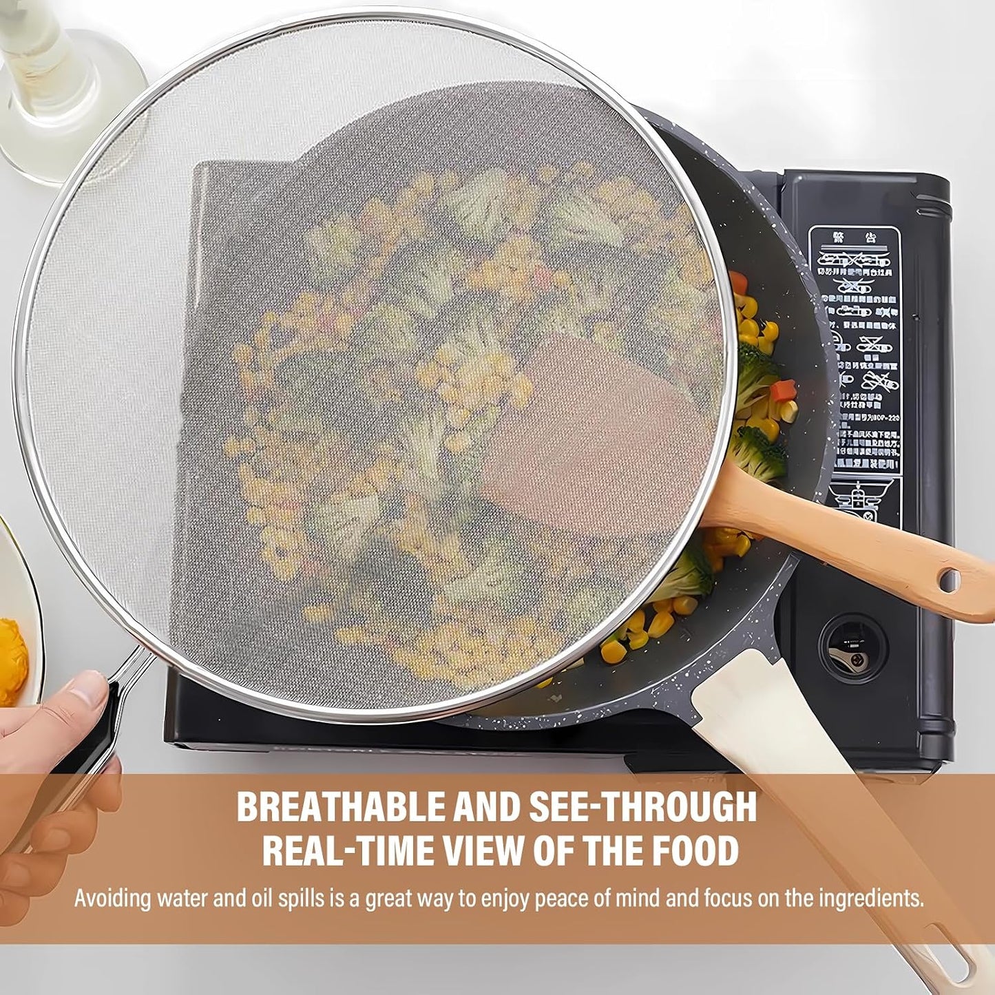 Splatter Screen for Frying Pan 13" 11.5" 9.8" Stainless Steel Fine Mesh Grease Splatter Guard with Comfort Silicone Handles and Resting Feet for Prevent Oil Splatter Safe Cooking