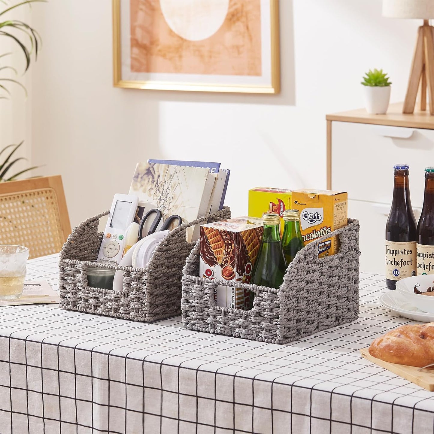 OIAHOMY Pantry Baskets for Organizing, Paper Rope Baskets with Built-in Handles, Wicker Storage Bins for Shelves, 2 Pack-Yellow