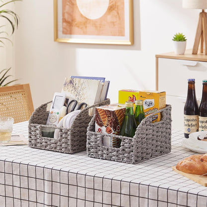 OIAHOMY Pantry Baskets for Organizing, Paper Rope Baskets with Built-in Handles, Wicker Storage Bins for Shelves, 2 Pack-Yellow