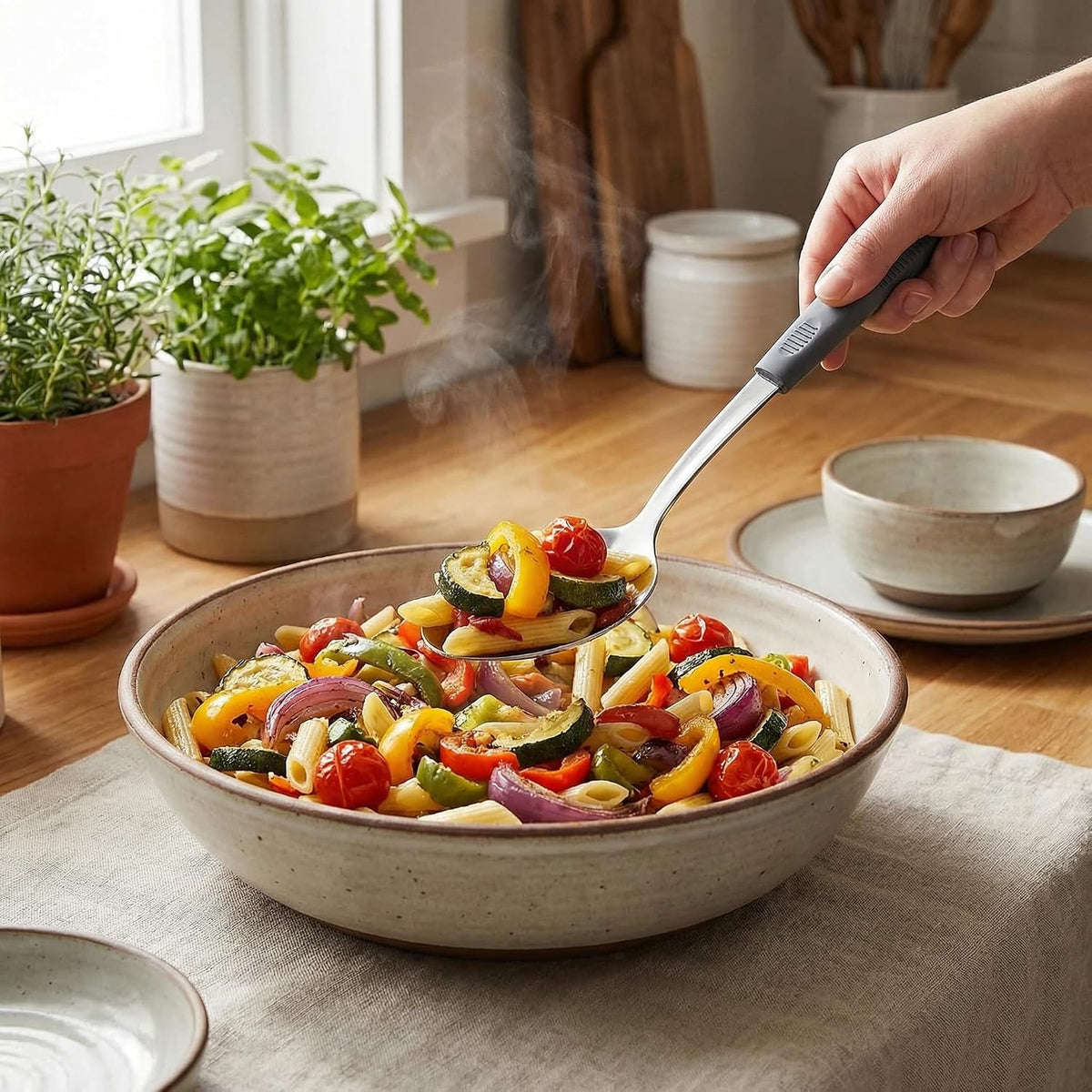 2-Piece Serving Spoons, 11-Inch, Solid & Slotted, Platinum Silicone