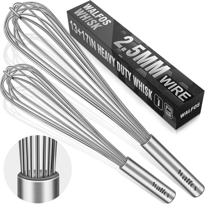 Walfos Whisk,304 Stainless Steel whisk,No-Rust 7+9+11inch Whisks for cooking Nice for Blending,Whisking,Beating.Heat resistant 600°F Dishwasher Safe. Heavy duty kitchen whisk.SILVER