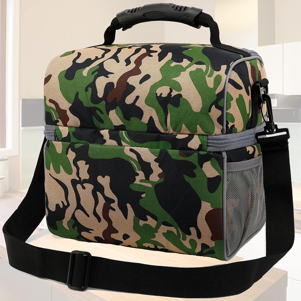 FlowFly Double Layer Cooler Insulated Lunch Bag Adult Lunch Box Large Tote Bag for Men, Women, With Adjustable Strap,Front Pocket and Dual Large Mesh Side Pockets