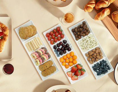 Divided Serving Tray Platter, 4 Pack 15" x 10" Fruit Veggie Food Tray for Party, Plastic Serving Trays for Appetizer, Snack, Dessert, Cookie, Brunch Decorations Platters, White Trays BPA-Free