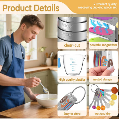 Magnetic Measuring Cups and Spoons Set, 5 Stainless Steel Measuring Cups for Dry and Liquid Ingredients, 7 Magnetic Measuring Spoons, 3 Plastic Measuring Cup with 1 Measuring Conversion Chart