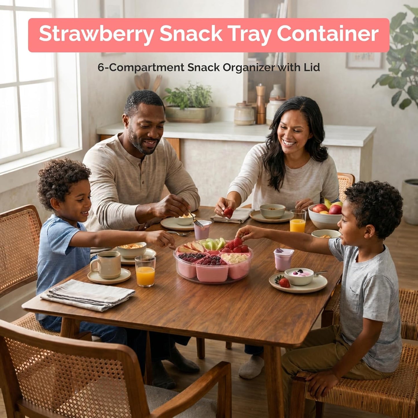 Divided Serving Tray with Lid,Stackable Snackle Box Strawberry Container for Fruits Candy Organizer, Portable Rounded Veggie Tray for Kitchen, Party, Trave and Picnic (Pink)