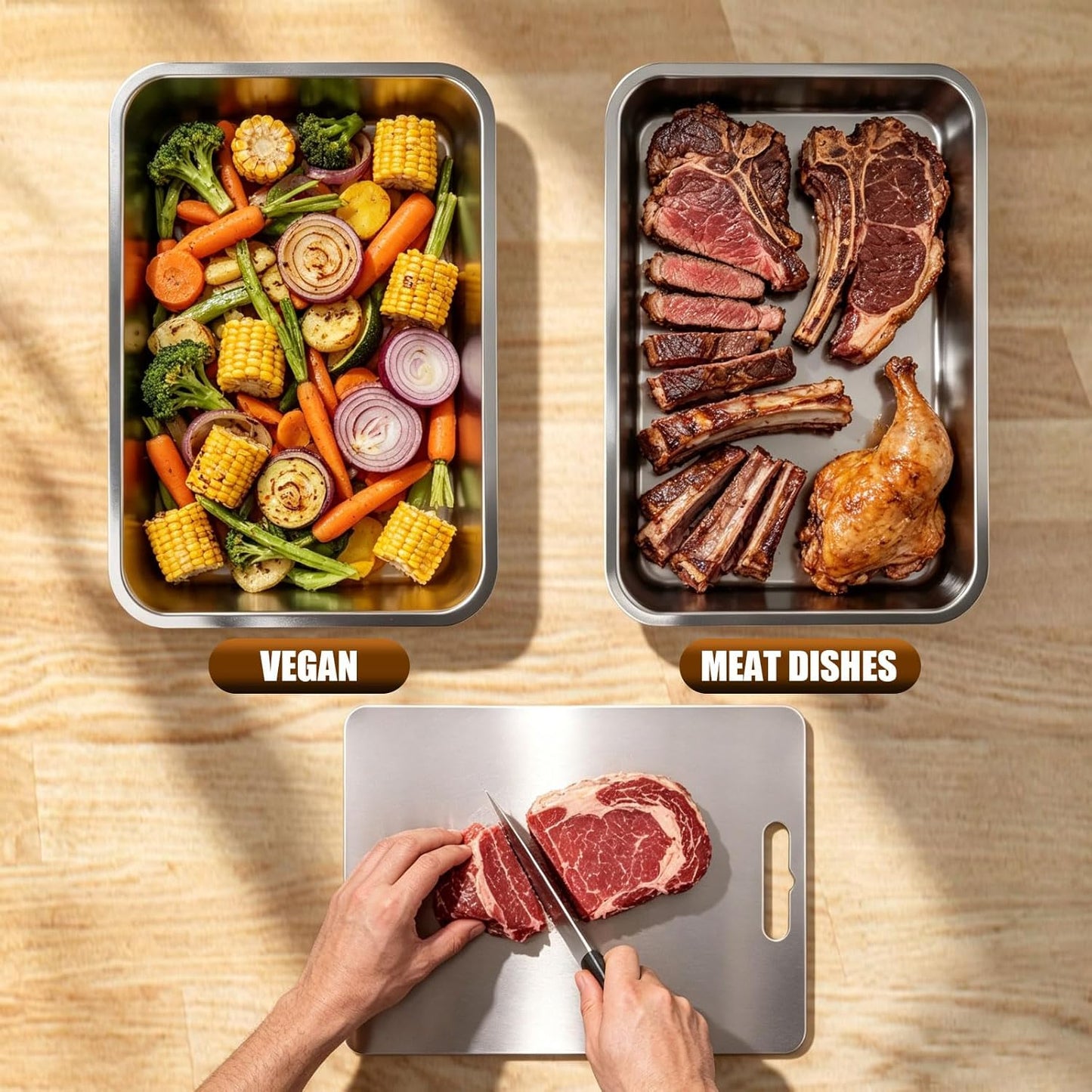 20" Stainless Steel Grill Carry System, 4-Piece Deep & Shallow Trays with Lid and Cutting Board, for BBQ Meat Marinating, Carrying & Serving