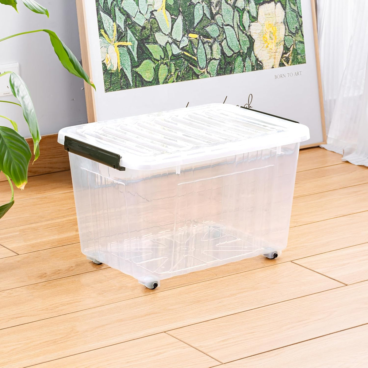 Cetomo 60Qt*6 Plastic Storage Bins, Storage Box, 6 Pack, Organizing Container with Wheels, Durable Lids and Secure Latching Buckles, Stackable and Nestable, Clear with Black Buckle