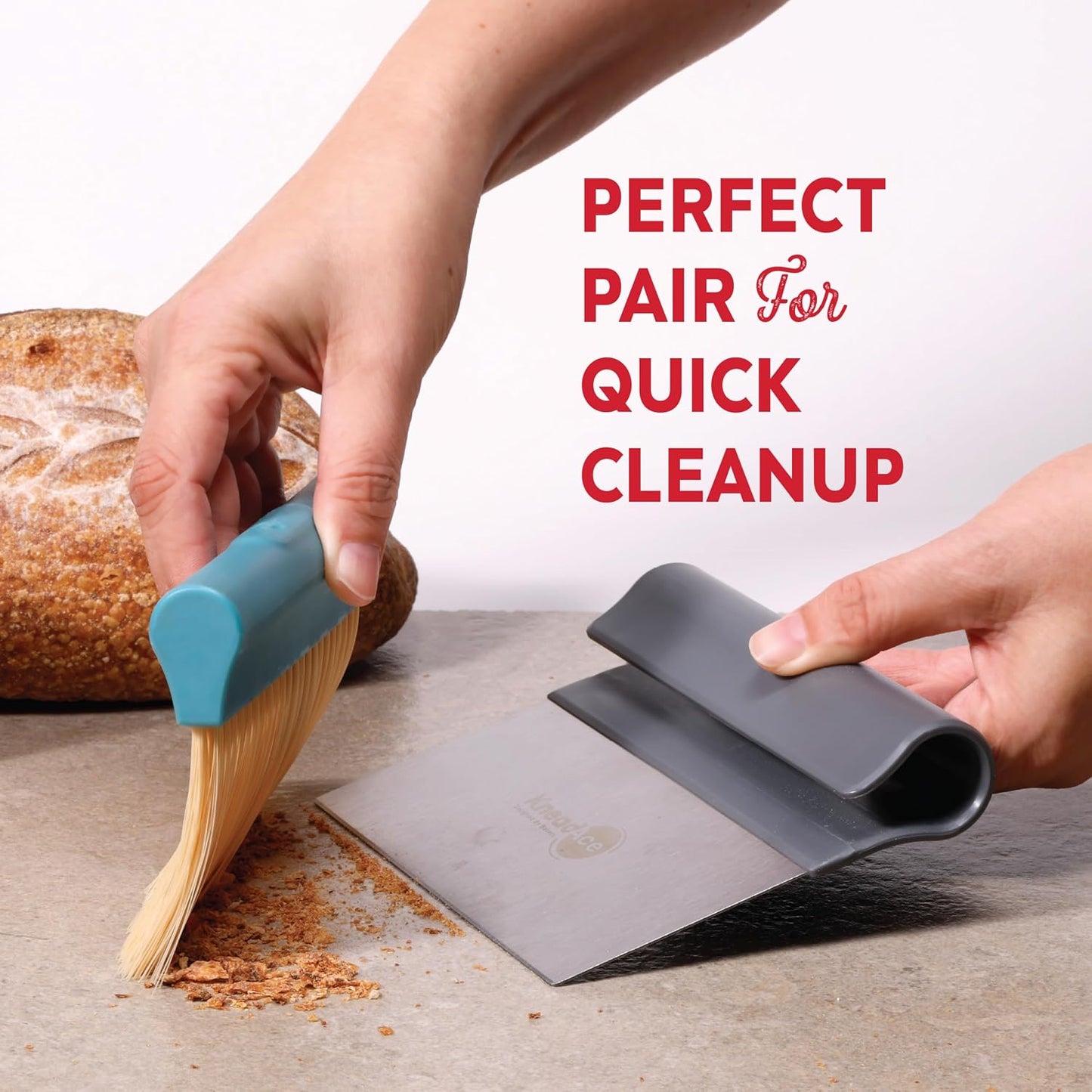 KneadAce Dough Scraper & Baker’s Brush Set. Stainless Steel Bench Scraper & Flour Cleaning Brush. Kitchen Tool for Pastry, Sourdough and Baking Prep Bread Dough Cutter, Gift For Bakers (White/Red)