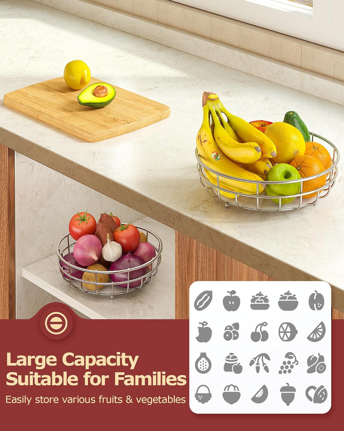 Sevenblue 2 Tier Large Fruit Basket for Kitchen Counter with Removable Banana Hanger - Sturdy Iron Fruit Bowl for Kitchen Counter and Vegetable Holder, Fruit Holder for Home Decor, Black