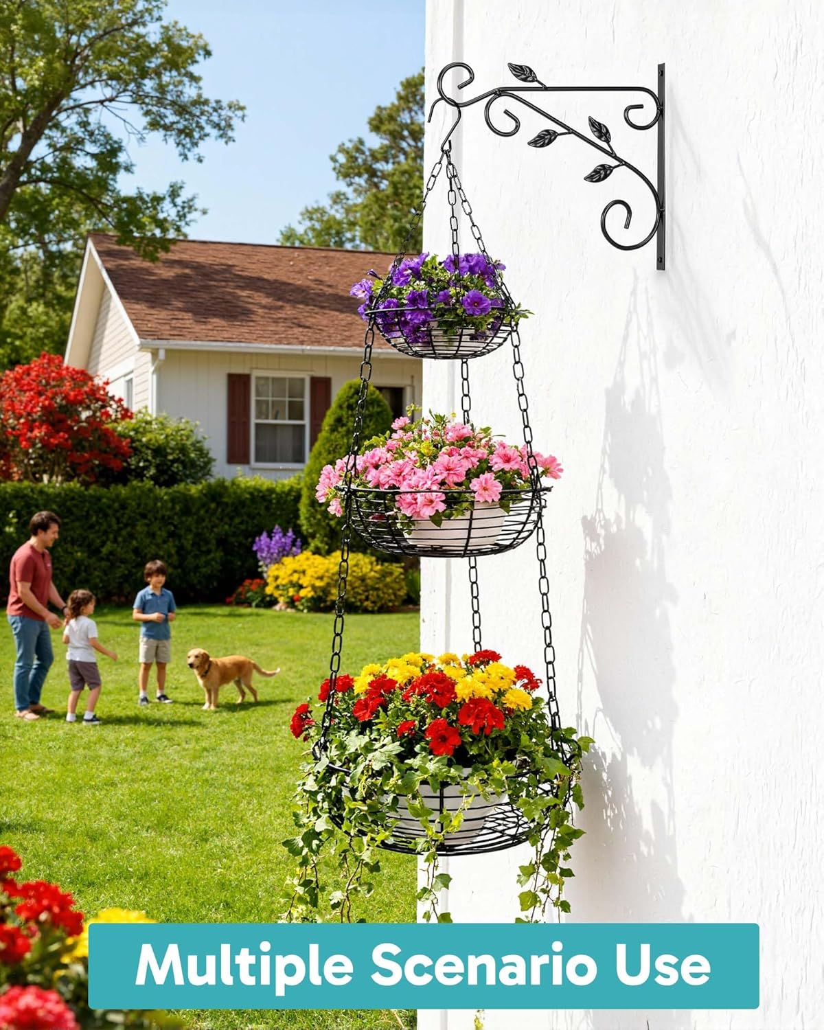 FANGSUN 3-Tier Hanging Fruit Basket for Kitchen Counter with Banana Hook, 36-Inch Heavy-Duty Wire Fruit Baskets with Leaf-Shaped Bracket for Kitchen Organizing Potato & Vegetable