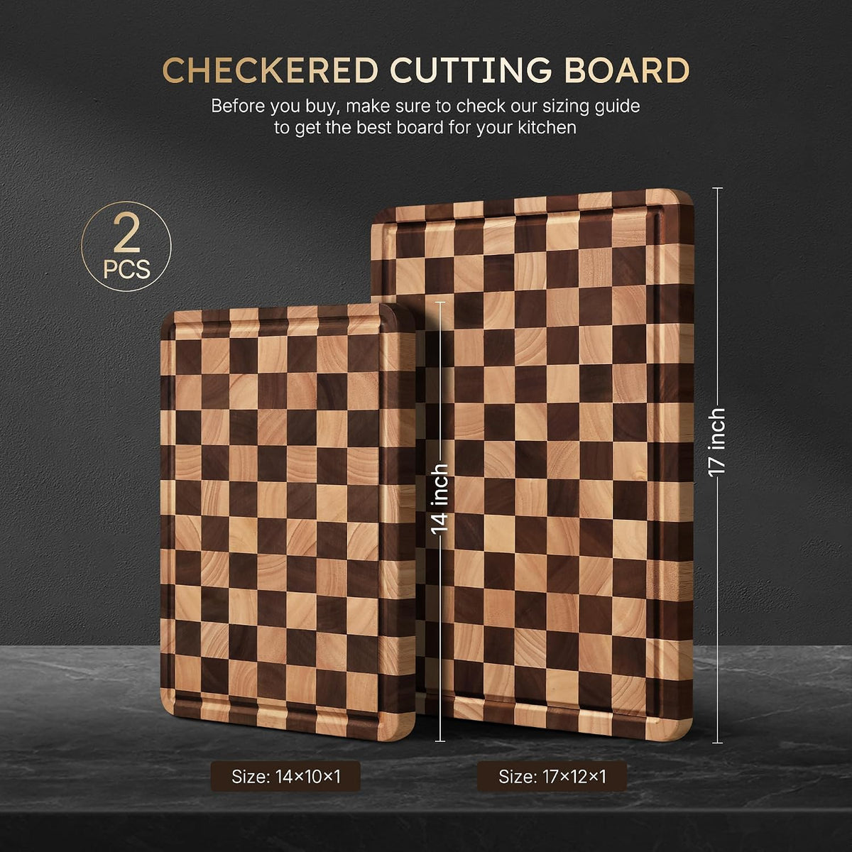 3 Packs Cutting Boards for Kitchen Checkered Cutting Board Acacia Wood Charcuterie Board Serving Heavy Duty Non Toxic Slip Butcher Block Wood Chopping Board with Juice Grooves Handles
