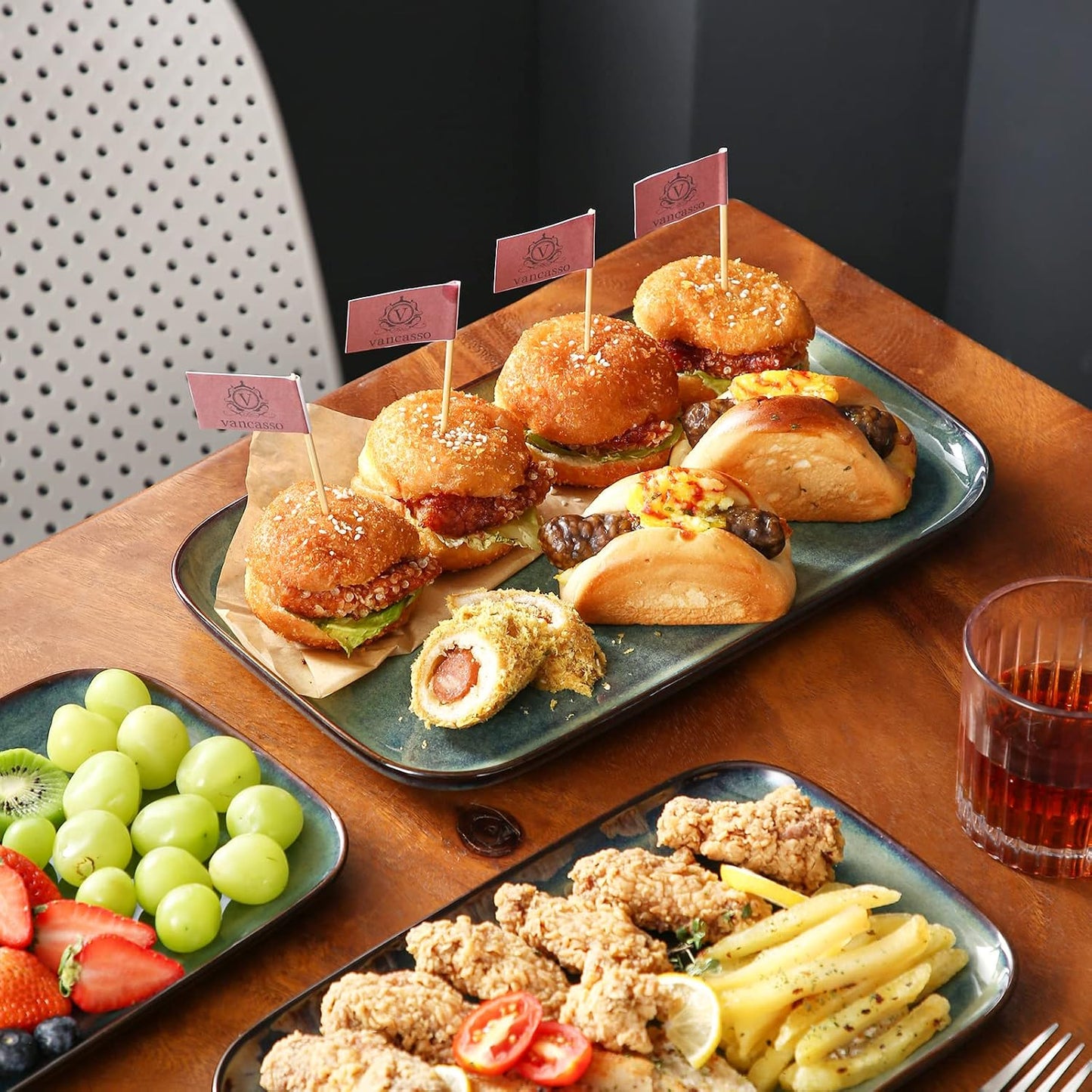 vancasso Stern Serving Platters Set of 3, 15/13/ 11 Inches Rectangular Serving Plates, Blue Serving Trays for Entertaining, Party