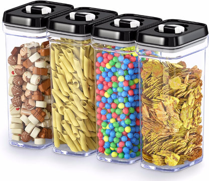 DWËLLZA KITCHEN Large Airtight Food Storage Containers - Clear Plastic Bulk Food Pantry & Kitchen Storage Containers for Flour, Sugar and Baking Supplies 4 Pcs. BPA-Free, Keeps Fresh & Dry (Black)
