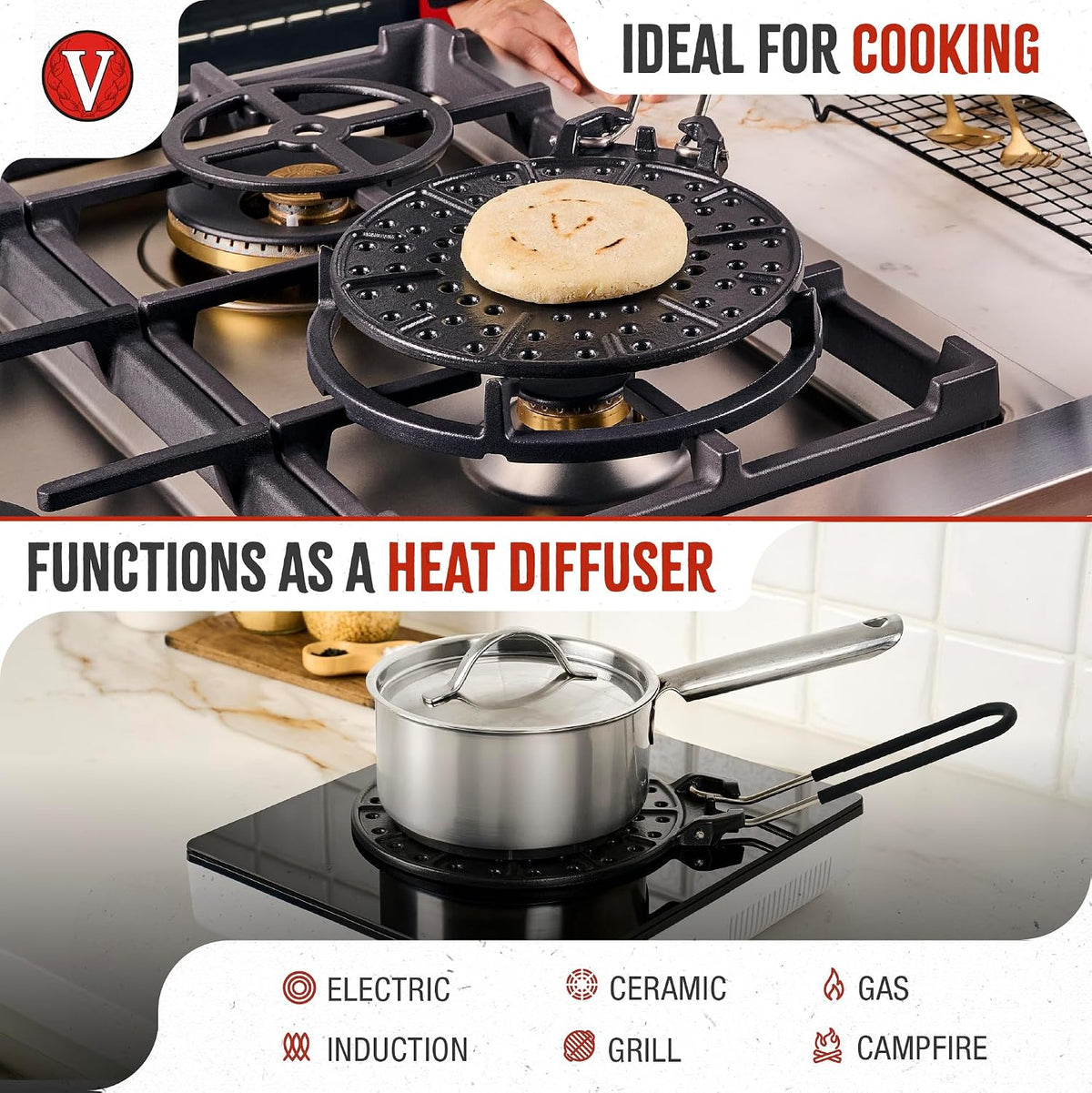 Victoria Cast Iron Arepa Grill, Enameled Parilla for Tortillas and Flatbreads, Heat Diffuser, Parrilla Asadora para Arepas, 8 Inches, Made in Colombia