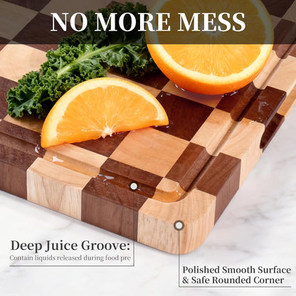 WILLKOMMEN Checkered Cutting Board Set, 3-Piece Wood Checkerboard End Grain Chopping Boards with Holder & Juice Groove Wooden Kitchen Cutting Board for Cooking and Serving (S, M, L)