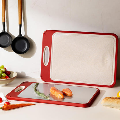 2 Packs Stainless Steel Cutting Board Set, Best Non Toxic Cutting Boards for Kitchen, Double Sided Metal Chopping Board for Meat/Fruit/Vegetables, Food Grade Kitchen Set Gift, [16”×11”+18”×12” Inch]