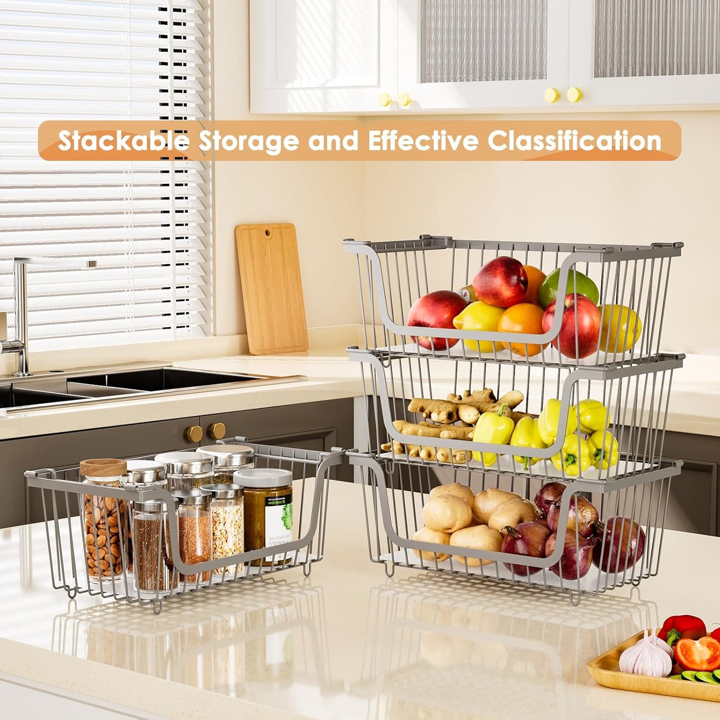4 Pack Stackable Wire Baskets with Handles for Pantry Organizers and Storage, Fruit and Vegetable wire storage baskets, Potato and Onion Storage Bin, Metal Baskets for Organizing Snacks, Cans (White)