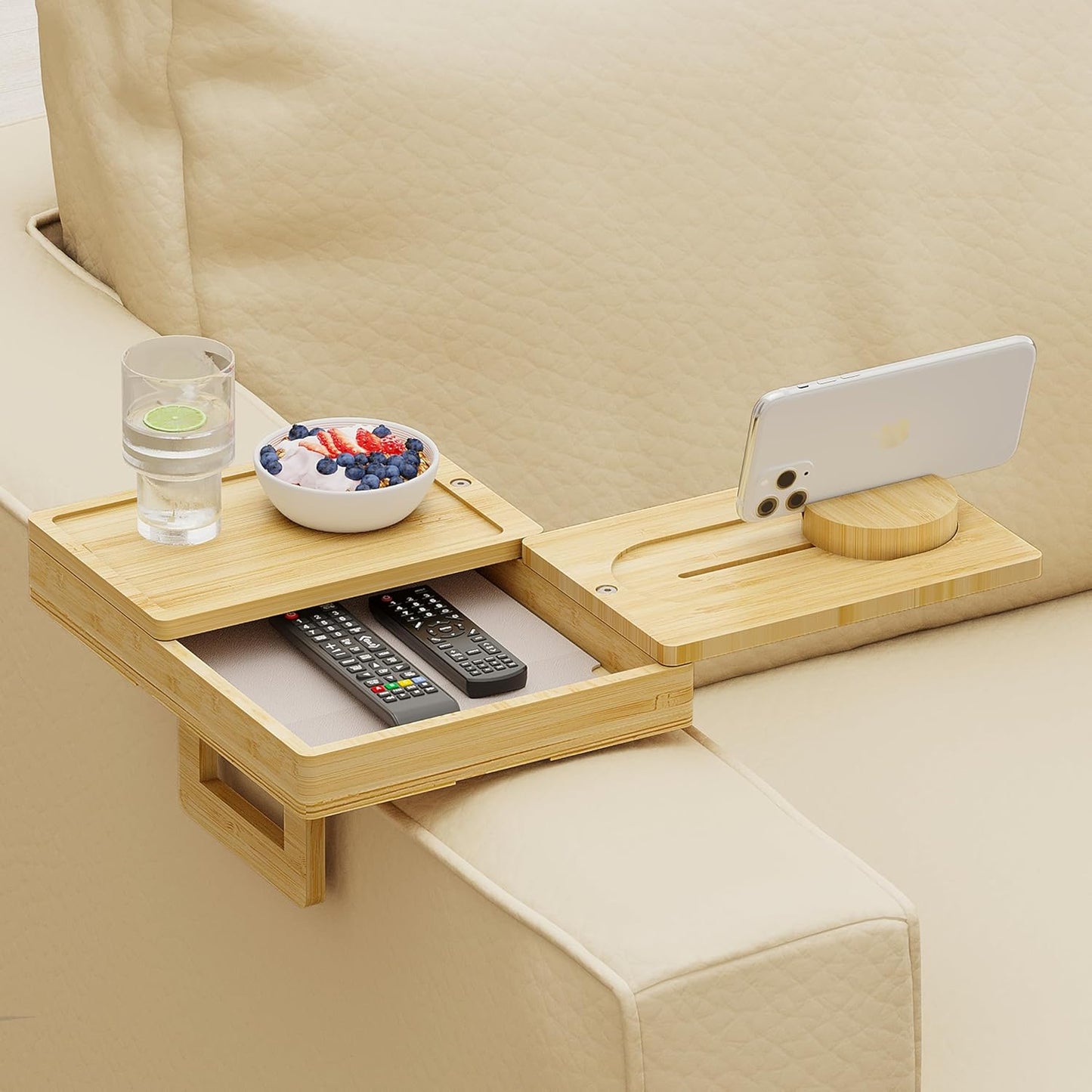 Wealone Bamboo Couch Arm Tray with 2 Rotatable Tray, Adjustable Sofa Arm Clip Table with Storage Box & 360° Phone Holder, Couch Armrest Table for Snacks, Drinks or Dining