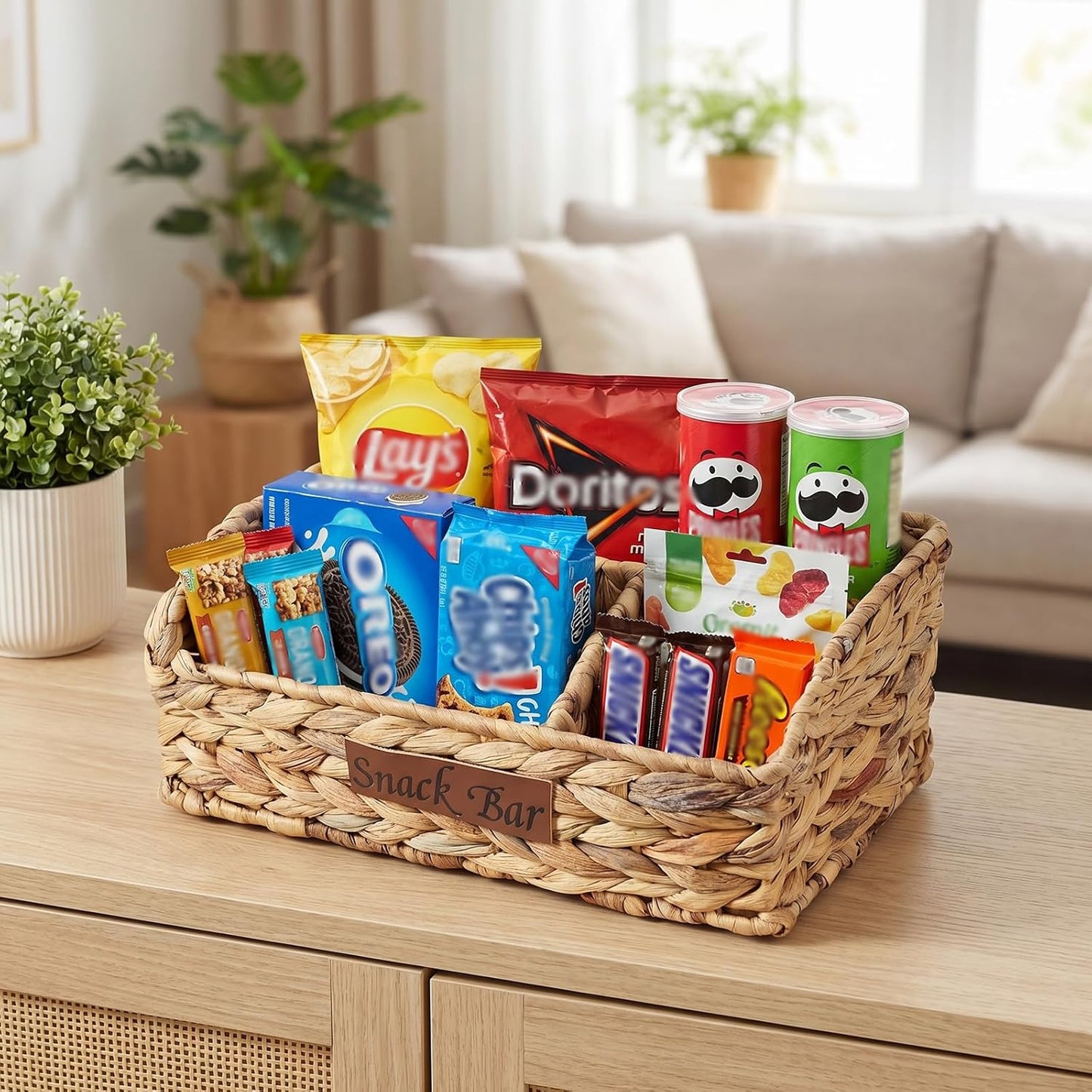 Snack Organizer for Countertop, Trapezoid Snack Basket Water Hyacinth Pantry Basket, Wicker Baskets for Organizing, 3 Compartments Snack Bin for Snack Bar Organizer, Cabinet Kitchen Storage