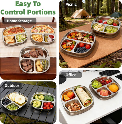 4 Pack Food Storage Containers Plates,Stainless Steel with lids containers,Portion Control Plate, Metal Lunch Tray Dishes,For Meal Prep,Fruit,Snack