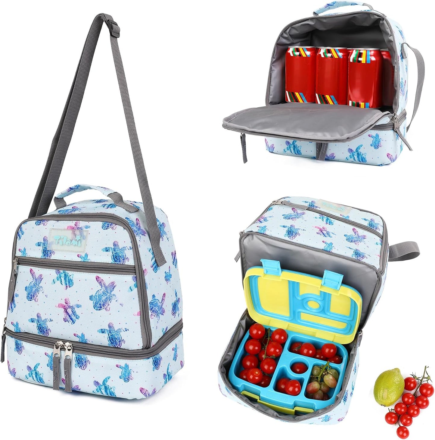 Tilami Lunch Bags Insulated Adjustable Strap Zipper, Two Compartments Cooler Bags, Bento Bags for Kids Toddlers (Blue)