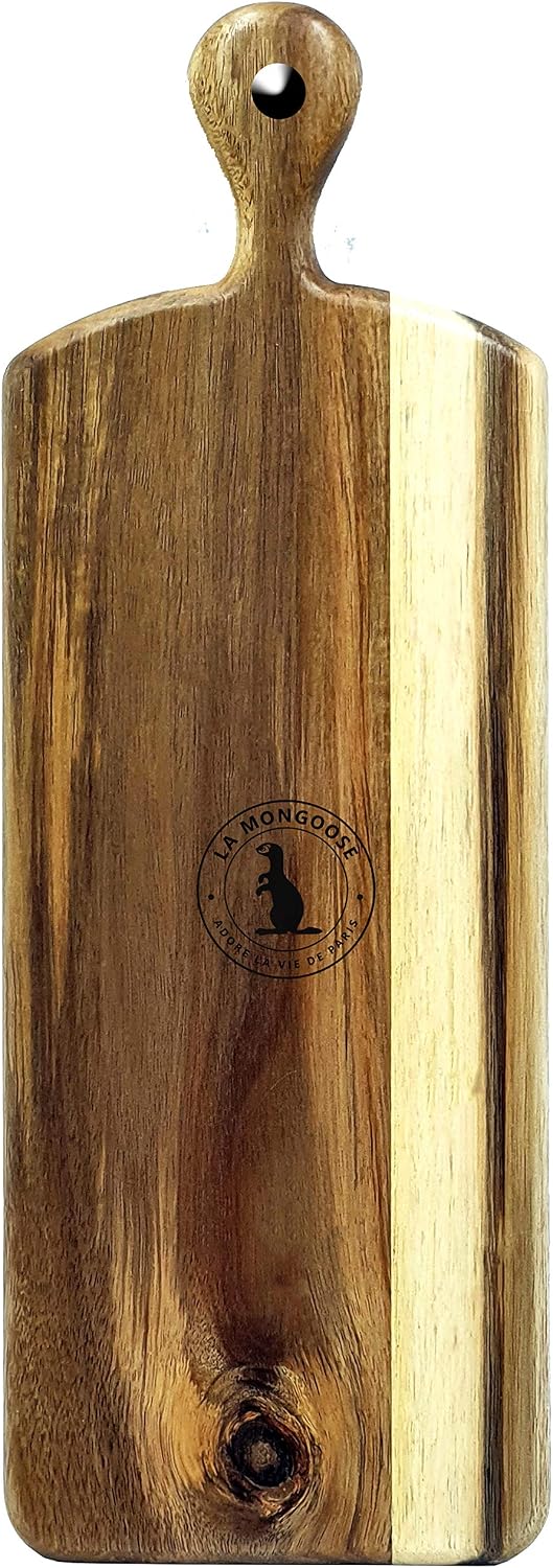 Acacia Wood Serving Platter 17.5 x 6 Long with Grooves & Handle. Luxury Snack Paddle Large XL Reversible Tray for Dinner Parties Chips Dips Crudités Cheese Charcuterie Gift (Long Rectangle)