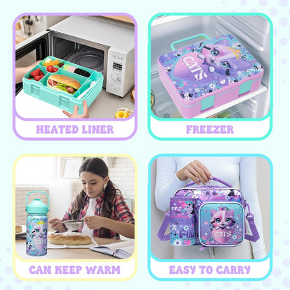 Kids Bento Lunch Box with 6 Compartments Girls Lunch Box with Lunch Bag,Stainless Steel Water Bottle,Ice Pack & Utensils Set,Birthday Gifts for Ages 3-12 Back to School Toddler Girls
