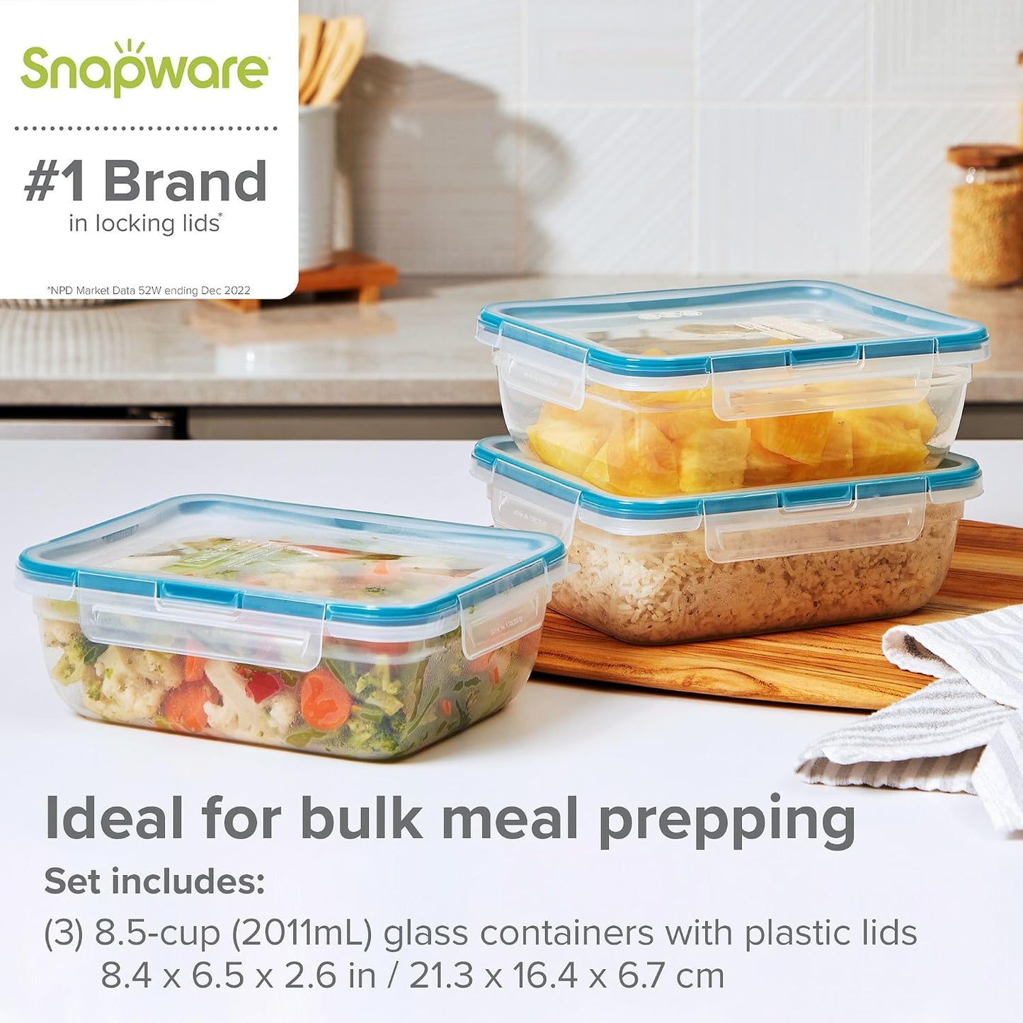Snapware Plastic Total Solution 3-Pack (8.5-Cup) Food Storage Containers Set, Leakproof & Airtight Plastic Locking Lids Rectangular Containers, BPA-Free Lids, Microwave Dishwasher Freezer Safe