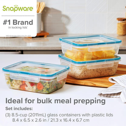 Snapware Plastic Total Solution 3-Pack (8.5-Cup) Food Storage Containers Set, Leakproof & Airtight Plastic Locking Lids Rectangular Containers, BPA-Free Lids, Microwave Dishwasher Freezer Safe