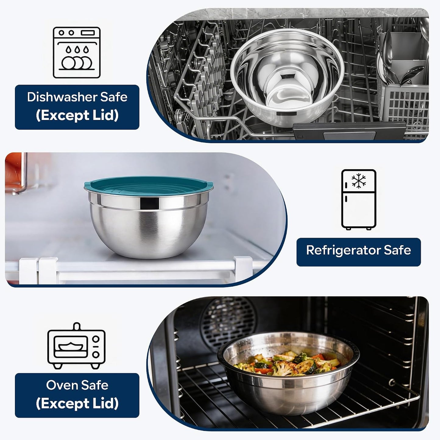 E-far Mixing Bowls With Lids Sets of 5, 10-Piece Stainless Steel Salad Metal Nesting Bowl for Baking Cooking and Prepping, Airtight Lid & Stackable Design, Size 4.6, 3, 2.1, 1.5, 0.7 QT, Black