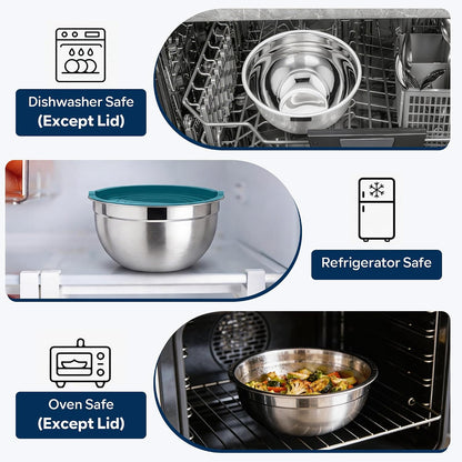 E-far Mixing Bowls With Lids Sets of 5, 10-Piece Stainless Steel Salad Metal Nesting Bowl for Baking Cooking and Prepping, Airtight Lid & Stackable Design, Size 4.6, 3, 2.1, 1.5, 0.7 QT, Black