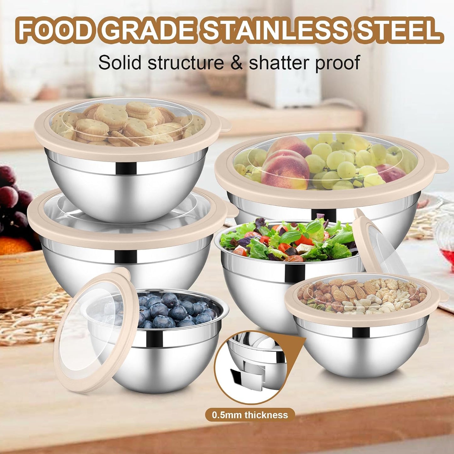 LIANYU Stainless Steel Mixing Bowls Sets of 6, Large 7, 3.5, 2.5, 2, 1.5, 1QT Size with Transparent Airtight Lids, Metal Nesting Serving Bowl Sets for Home Kitchen, Dishwasher & Freezer Safe, Black
