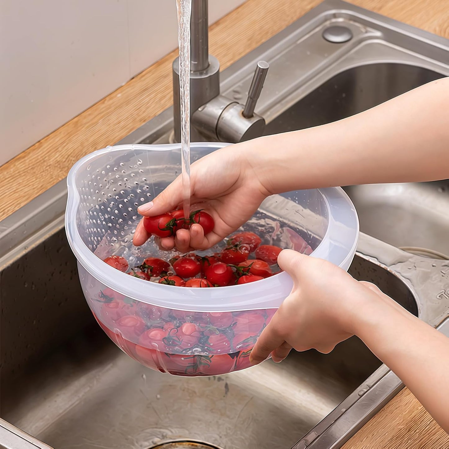 DOPMEP Rice Washer Strainer Bowl, Stainless Steel Colander with Side Drainers - Ideal for Soaking, Washing, Cleaning, and Rinsing Rice, Fruits, Vegetables & Beans, Versatile Kitchen Tool