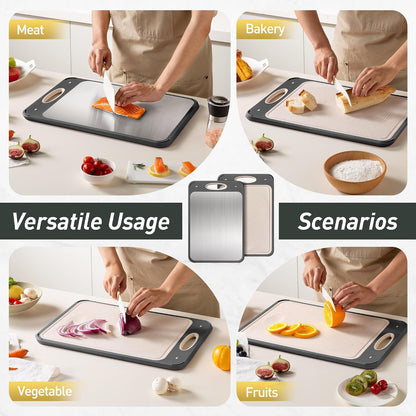 2 Packs Stainless Steel Cutting Board Set, Best Non Toxic Cutting Boards for Kitchen, Double Sided Metal Chopping Board for Meat/Fruit/Vegetables, Food Grade Kitchen Set Gift, [16”×11”+18”×12” Inch]