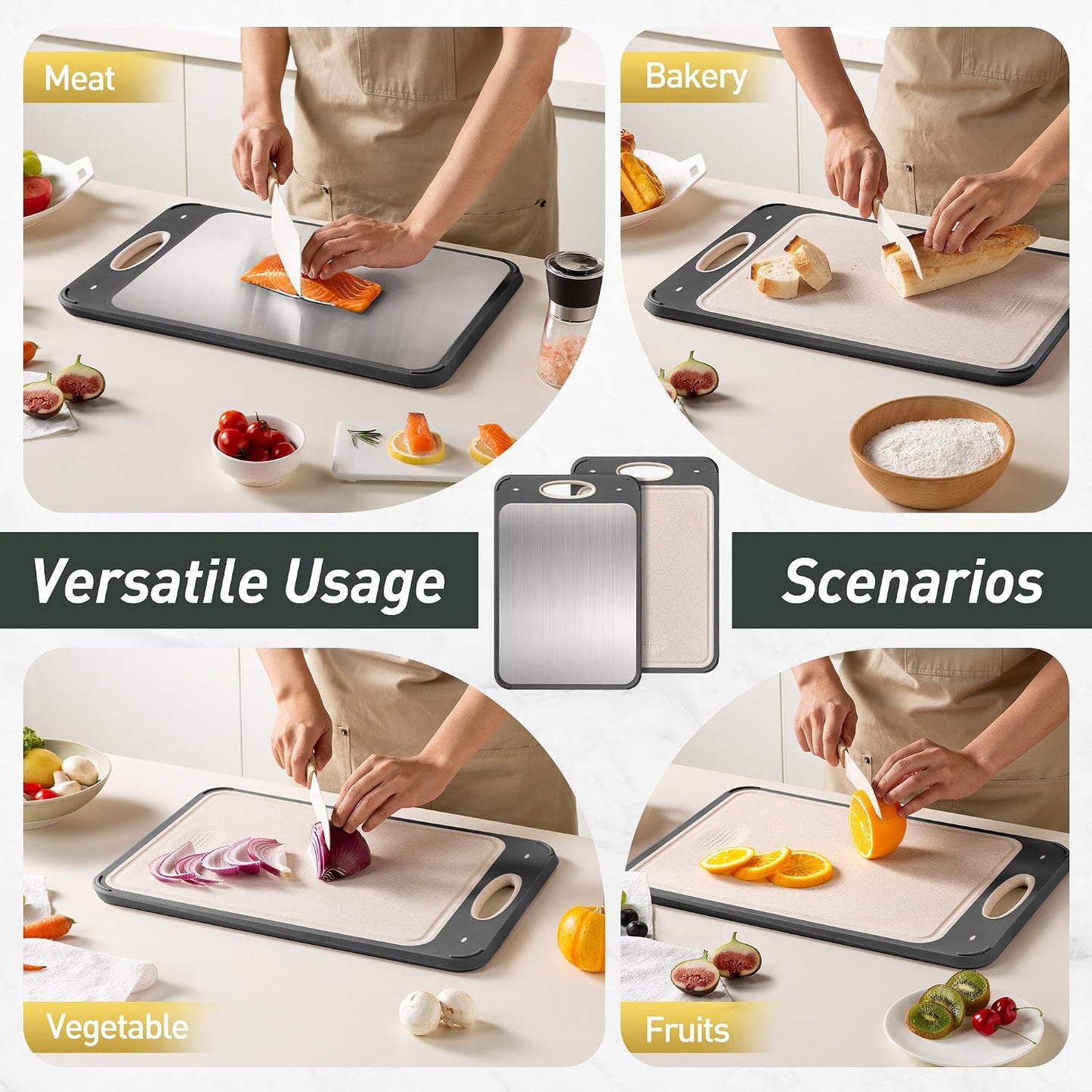 2 Packs Stainless Steel Cutting Board Set, Best Non Toxic Cutting Boards for Kitchen, Double Sided Metal Chopping Board for Meat/Fruit/Vegetables, Food Grade Kitchen Set Gift, [16”×11”+18”×12” Inch]