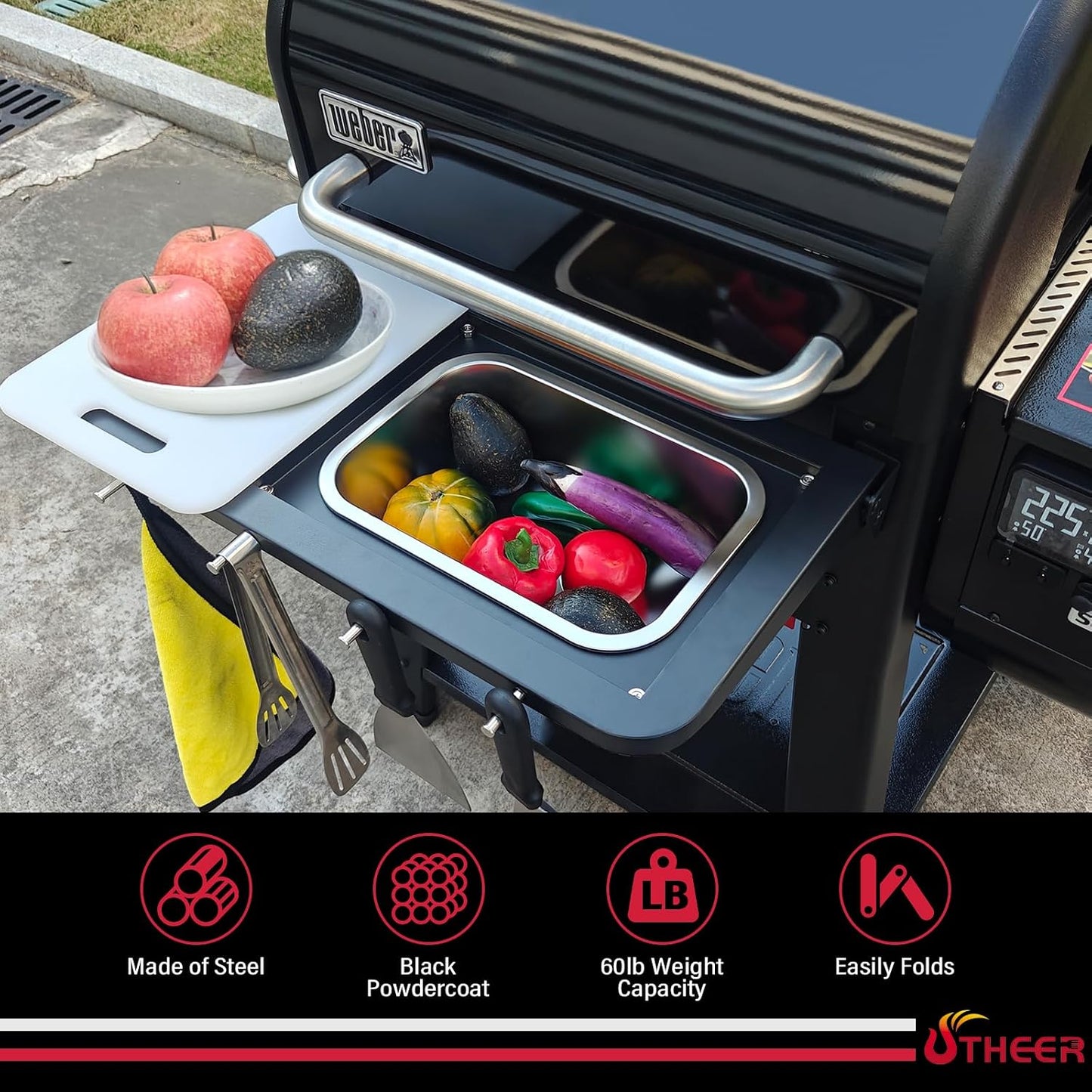 Upgraded Grill Table for Weber Kettle 22"/18"/26", Master Touch 22", Smokey Mountain, Recteq Pellet Grill RT-B380, Prep Station with Cutting Board, Basin, 4 Hooks, Shelf for Weber Kettle Accessories
