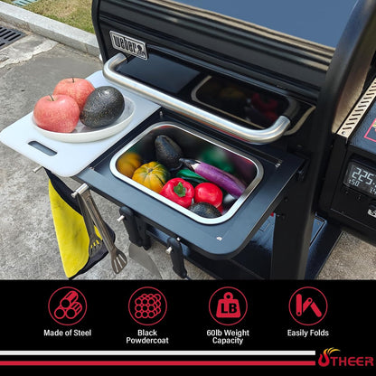 Upgraded Grill Table for Weber Kettle 22"/18"/26", Master Touch 22", Smokey Mountain, Recteq Pellet Grill RT-B380, Prep Station with Cutting Board, Basin, 4 Hooks, Shelf for Weber Kettle Accessories