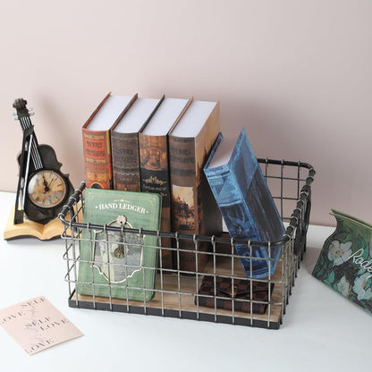 11.5" Wide Rectangular Sturdy Hand Welded Farmhouse Metal Wire Basket with Rustic Wooden Bottom For Shelves, Closet Storage Bins for Shelves. Also For Laundry, Towel, Spice Rack, Tool Box (11.5"x7")