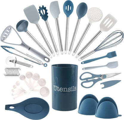 COOK WITH COLOR Silicone Cooking Utensils, Kitchen Utensil Set, Easy to Clean Silicone Kitchen Utensils, Cooking Utensils for Nonstick Cookware, Kitchen Gadgets Set, 38 Piece, Mint