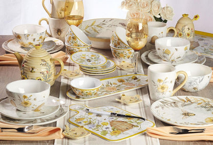 Bee Sweet 3-Piece Melamine Serveware Set – Includes 14.5" Chip & Dip, 14.5"x5.75" 3-Section Tray & 19"x8" Platter with Bee & Floral Designs for Spring Entertaining & Outdoor Dining