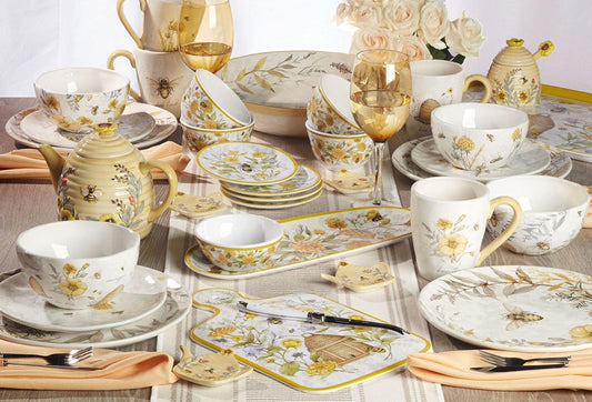 Bee Sweet 3-Piece Melamine Serveware Set – Includes 14.5" Chip & Dip, 14.5"x5.75" 3-Section Tray & 19"x8" Platter with Bee & Floral Designs for Spring Entertaining & Outdoor Dining